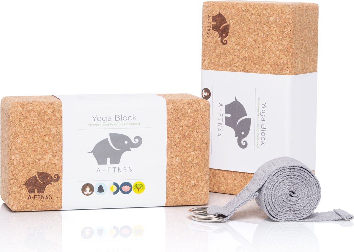 100% Portugees kurk | Yoga Blokken Set Kurk | Bamboa | 2 Kurk Yoga Blokken + Gratis Yoga Riem | Cork Yoga Blocks - Bamboa
