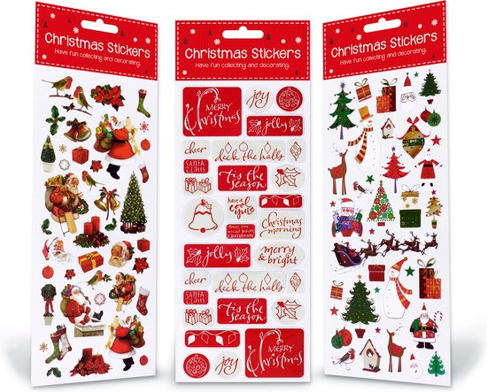 Kerst stickers vellen voor kaarten – 3 stickervellen – Traditioneel – Kerstman - Labels - Kerstbomen – 75 kerststickers