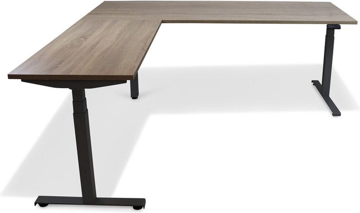 Roomforthenew Heathrow Hoek - Bureau - Bureautafel - Gaming bureau - Computertafel - Hoekbureau – Midden eiken - Verstelbaar bureau - Gaming Desk - Bureau tafel - Hoekbureau verstelbaar - Zit sta bureau elektrisch – Zwart onderstel
