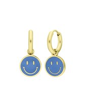 Lucardi Kinder Stalen goldplated oorbellen met smiley lichtblauw - Oorbellen - Staal - Goudkleurig
