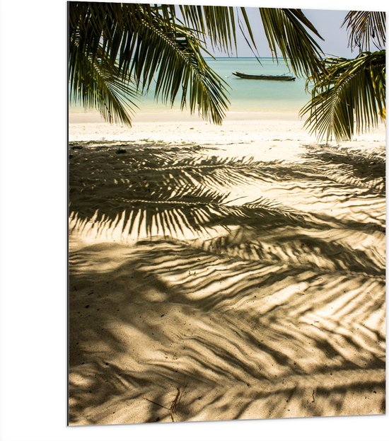 WallClassics - Dibond - Mooie Schaduw van Palmboom in het Zand - 75x100 cm Foto op Aluminium (Met Ophangsysteem)