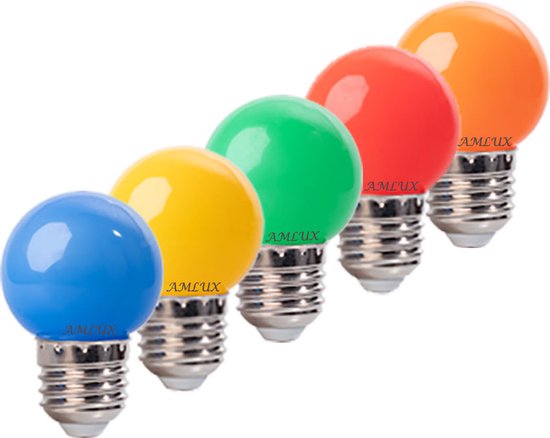 Set van 15 LED lampen in 5 kleuren - E27 - rood - geel - groen - oranje - blauw - 1W - feestverlichting - prikkabel - ideaal voor lichtslinger