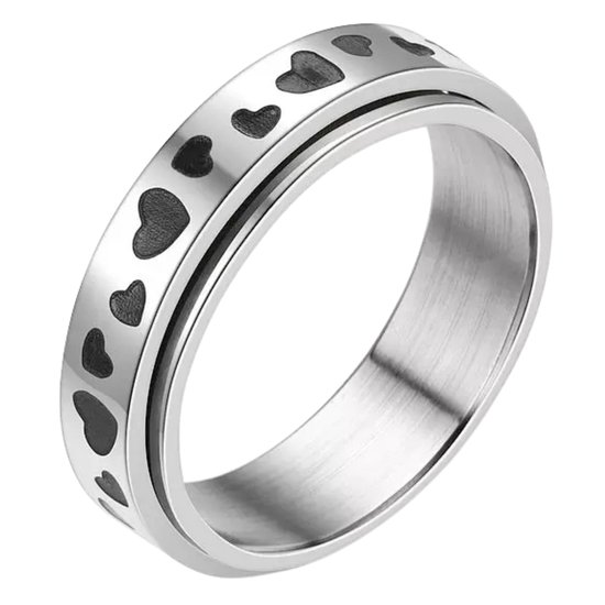 Anxiety Ring - (Hartjes) - Stress Ring - Fidget Ring - Draaibare Ring - Spinning Ring - Spinner Ring - Zilverkleurig RVS - (19.75 mm / maat 62)