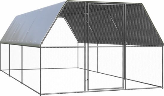 Gegalvaniseerd stalen kippenhok met zilverkleurig dak, 6 x 3 x 2 m.