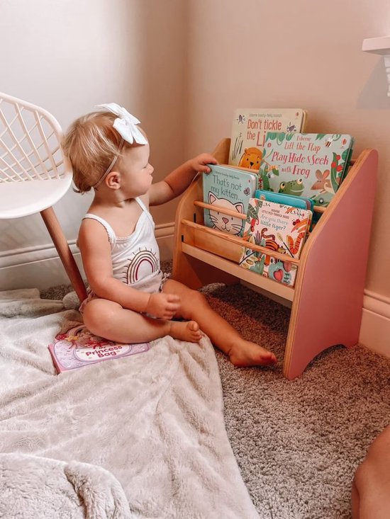 WFL - houten kinderboekenrek - Roze - natuur hout - 41.9 x 41.4 cm - Montessori - boekenkast voor kinderen - kinderboeken- speelgoedrek - kinderkamerkast - bookcase - opbergrek