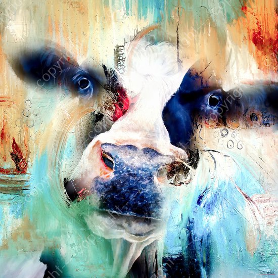 JJ-Art (Canvas) 60x60 | Vrolijke Friese koe, abstract in kleurrijke olieverf look - woonkamer | Nederland, Friesland, dier, rood, blauw, geel, groen, vierkant | Foto-Schilderij print op Canvas (canvas wanddecoratie) | KIES JE MAAT