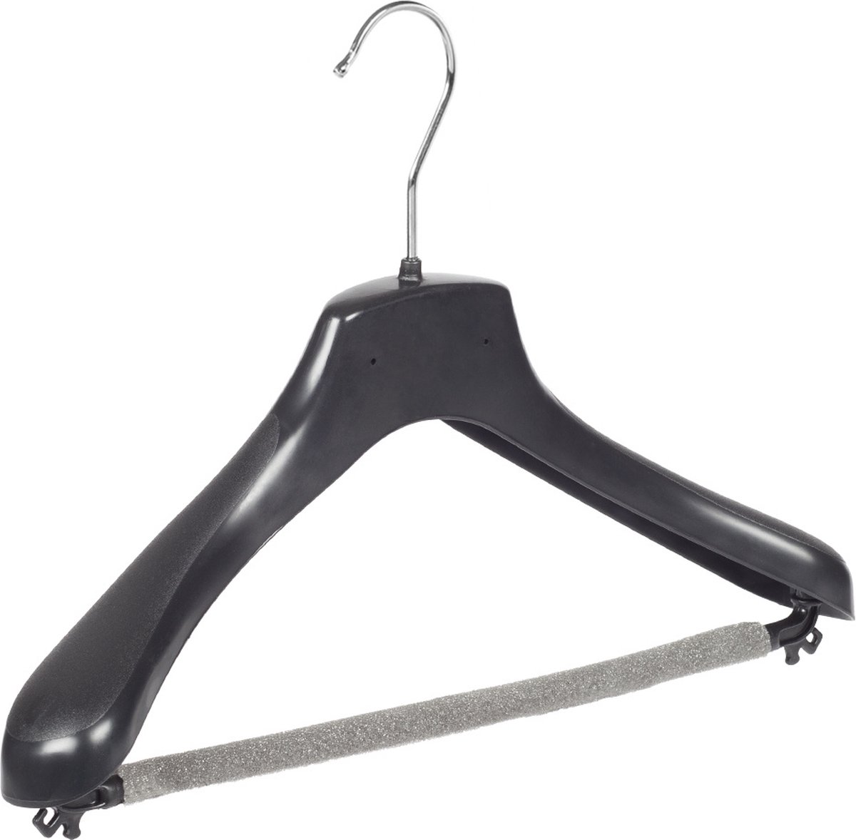De Kledinghanger Gigant - 10 x Mantelhanger / kostuumhanger / kinderhanger kunststof zwart met schouderverbreding en anti-slip broeklat (2 mm schuim), 36 cm