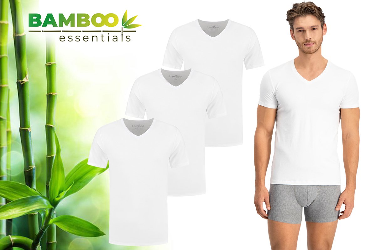 Bamboo Essentials - T-Shirt Heren - V Hals - 3 Pack - Wit - L - Bamboe Ondershirt Heren - Extra Lang - V-Neck - Anti Zweet T-shirt Heren