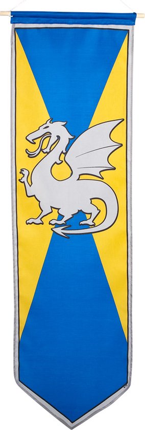 Een ridderbanier met een zilveren draak op een geel-blauwe achtergrond met een kruisvormig patroon.