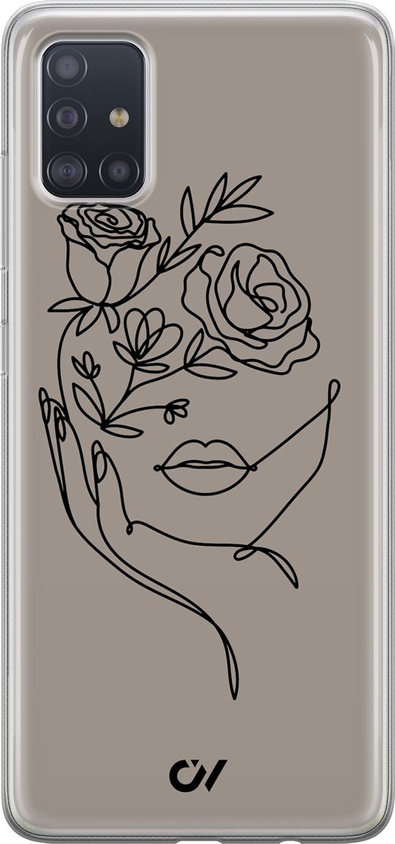 Hoesje geschikt voor Samsung Galaxy A51 hoesje - Oneline Face Flower - - Grijs - - Casevibes