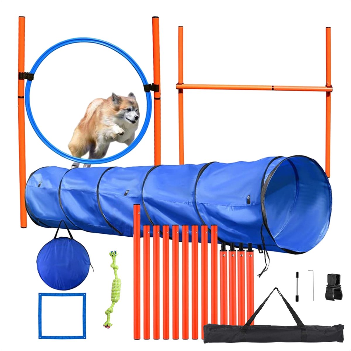 AYOO Agility voor de hond - Honden Agility Set - Honden Training - Honden Behendigheid Set - Honden Parcours - Training Huisdieren - Tunnel - Slalom - Horde - Draagzak - GRATIS Speeltouw