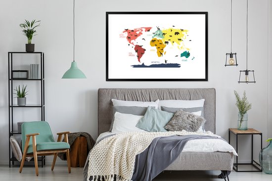 Wereldkaart Enfants - Animaux - Couleurs - Affiche scolaire - Chambre d'enfants - 120x80 cm