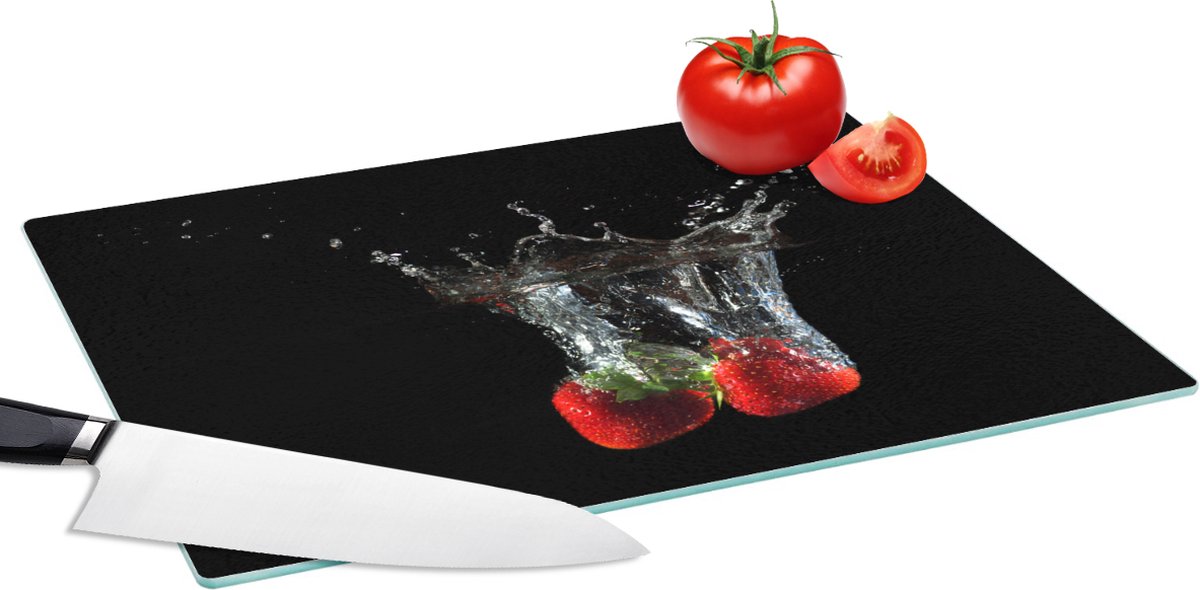 Glazen Snijplank - 39x28 - Aardbeien - Fruit - Water - Zwart - Rood - Snijplanken Glas