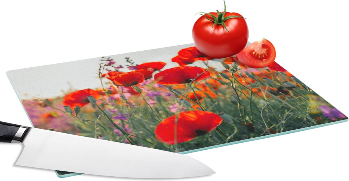 Glazen Snijplank - 28x20 - Klaproos - Bloemen - Rood - Paars - Weide - Snijplanken Glas
