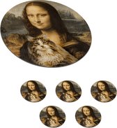 Onderzetters voor glazen - Rond - Mona Lisa - Kat - Leonardo da Vinci - Vintage - Kunstwerk - Oude meesters - Schilderij - 10x10 cm - Glasonderzetters - 6 stuks
