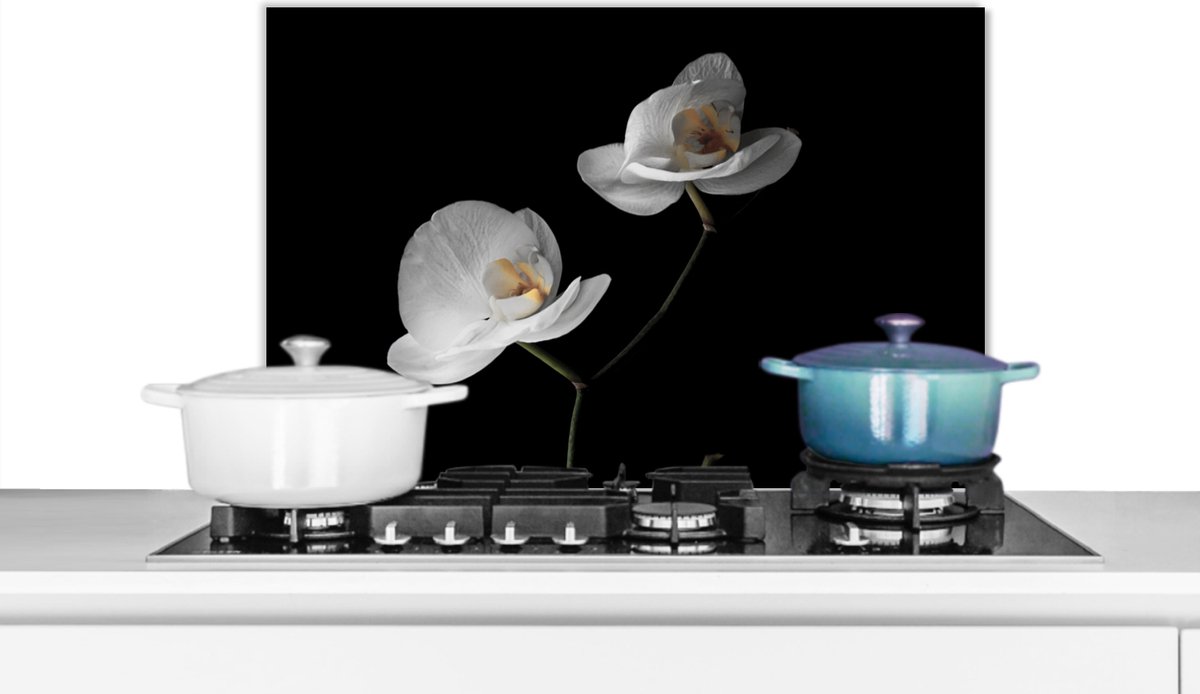Spatscherm keuken 60x40 cm - Kookplaat achterwand Orchidee - Bloemen - Zwart - Wit - Stilleven - Muurbeschermer - Spatwand fornuis - Hoogwaardig aluminium