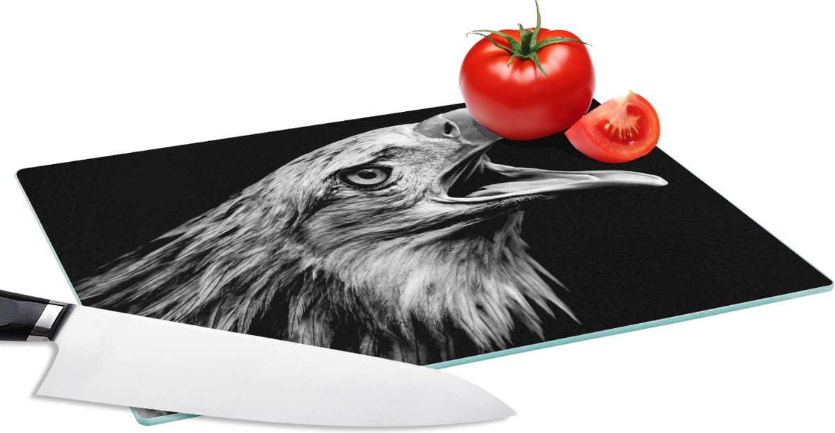 Glazen Snijplank - 28x20 - Adelaar - Portret - Roofvogels - Zwart - Wit - Vogel - Snijplanken Glas