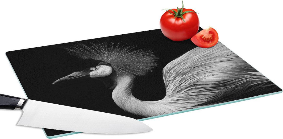 Glazen Snijplank - 39x28 - Kraanvogel - Zwart - Wit - Vogel - Dieren - Snijplanken Glas