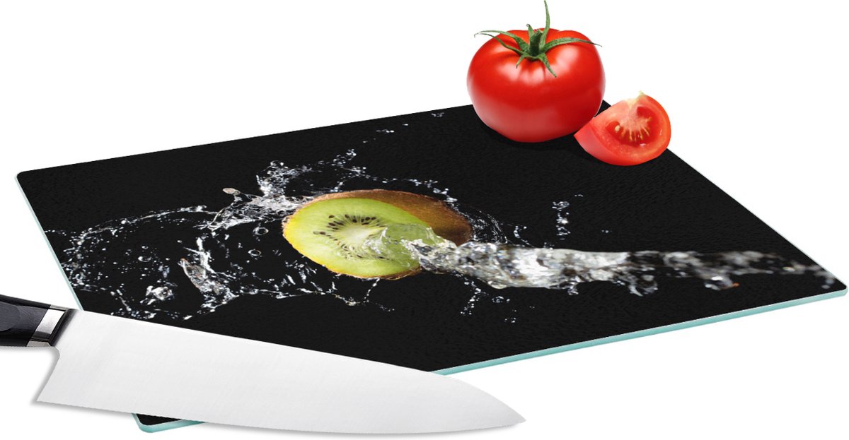 Glazen Snijplank - 28x20 - Kiwi - Fruit - Stilleven - Water - Zwart - Snijplanken Glas