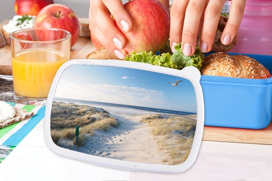 Lunchbox Blauw - Lunchbox - Breadbox - Dune - Mouette - Plage - Mer - Soleil - 18x12x6 cm - Enfants - Garçon