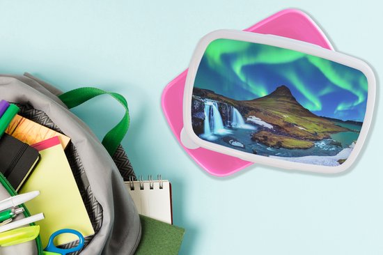 Lunch box Rose - Lunch box - Boîte à pain - Aurores boréales - Ciel étoilé - Islande - Berg - Vert - Cascade - Lac - 18x12x6 cm - Enfants - Fille