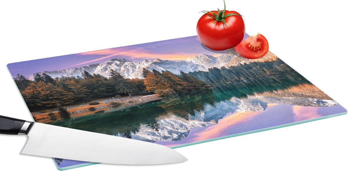 Glazen Snijplank - 39x28 - Bergen - Bos - Water - Lucht - Roze - Paars - Snijplanken Glas