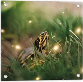 WallClassics - Tuinposter – Zwart met Gele Slang tussen het Groene Gras - 50x50 cm Foto op Tuinposter  (wanddecoratie voor buiten en binnen)
