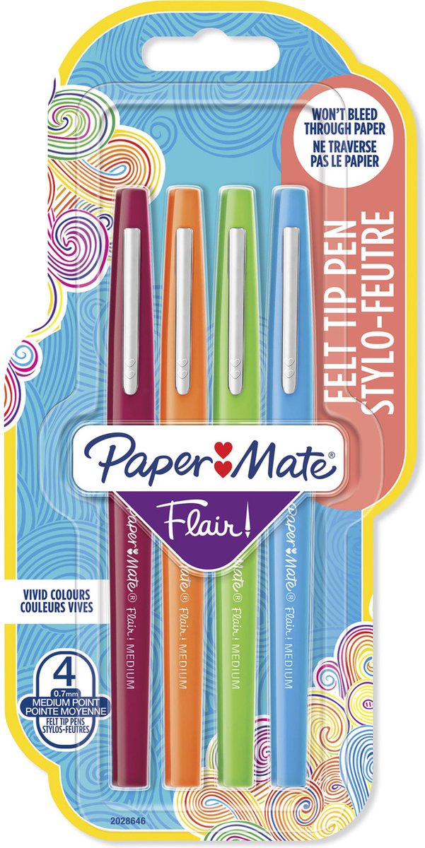 Paper Mate Flair-viltstiften | Medium punt (0,7 mm) | Diverse kleuren | 4 stuks