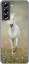 Geschikt voor Samsung Galaxy S21 FE hoesje - Paard - Stof - Bloemen - Siliconen Telefoonhoesje