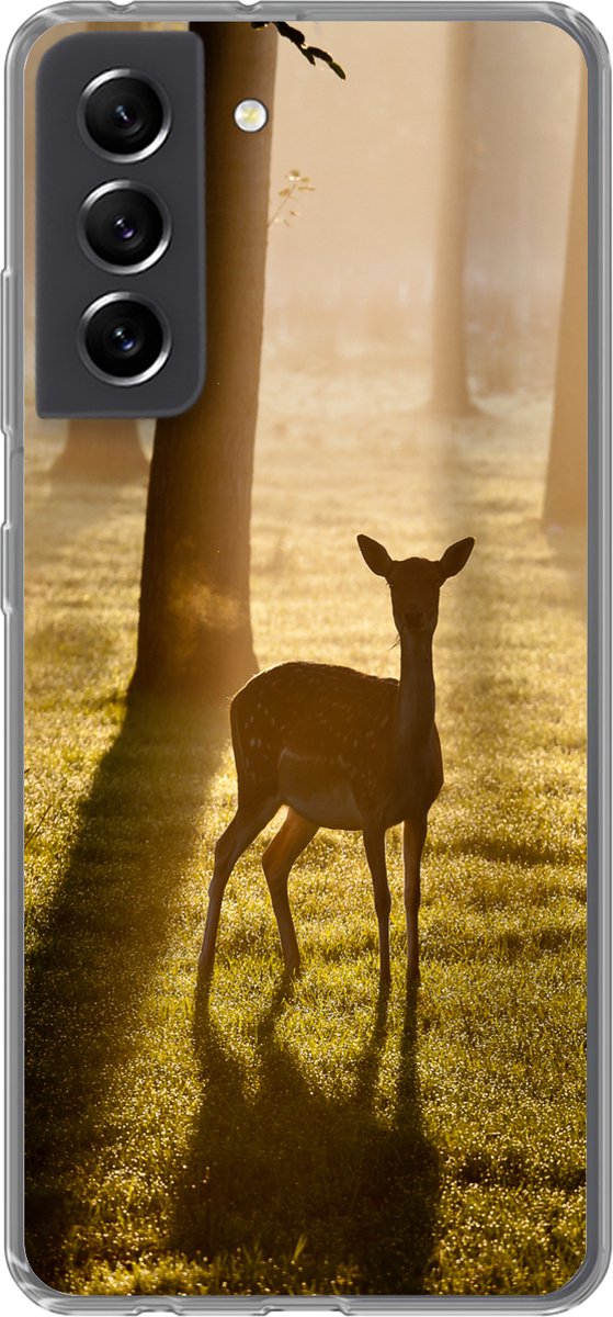 Telefoonhoesje Geschikt voor Samsung Galaxy S21 FE hoesje - Hert - Zon - Bomen - Siliconen Telefoonhoesje Telefoonhoesje