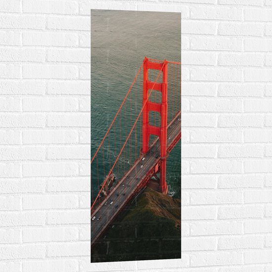 WallClassics - Muursticker - Rode Brug over het Water - 40x120 cm Foto op Muursticker