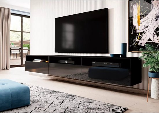 Trendmeubel- Tv-meubel ATHENS - Zwart supermat/hoogglans- Breedte ca. 270 cm