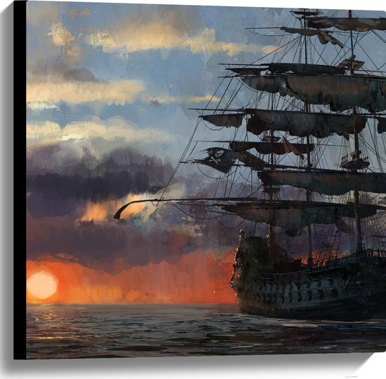 WallClassics - Canvas  - Groot Piratenschip op Zee met Zon - 60x60 cm Foto op Canvas Schilderij (Wanddecoratie op Canvas)