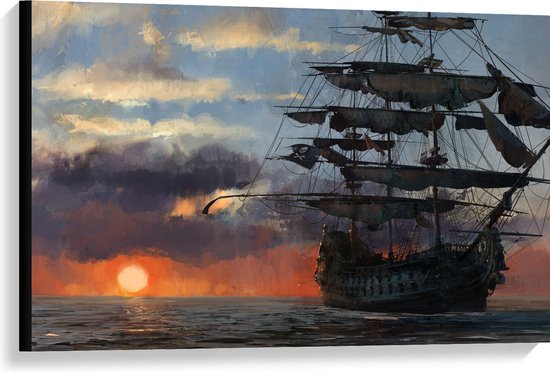 WallClassics - Canvas  - Groot Piratenschip op Zee met Zon - 90x60 cm Foto op Canvas Schilderij (Wanddecoratie op Canvas)