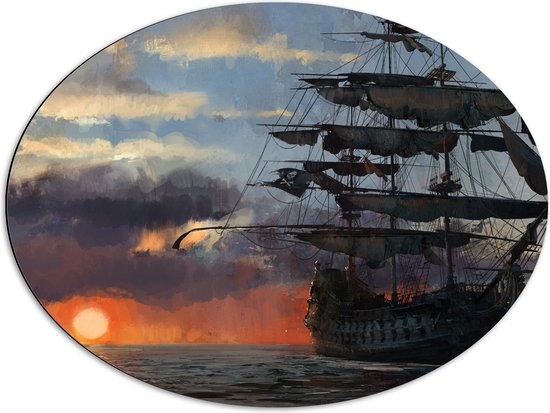 WallClassics - Dibond Oval - Groot Bateau Pirate en Mer avec Soleil - 80x60 cm Photo sur Ovale (avec système d'accrochage)