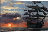 WallClassics - Dibond - Groot Piratenschip op Zee met Zon - 120x80 cm Foto op Aluminium (Wanddecoratie van metaal)