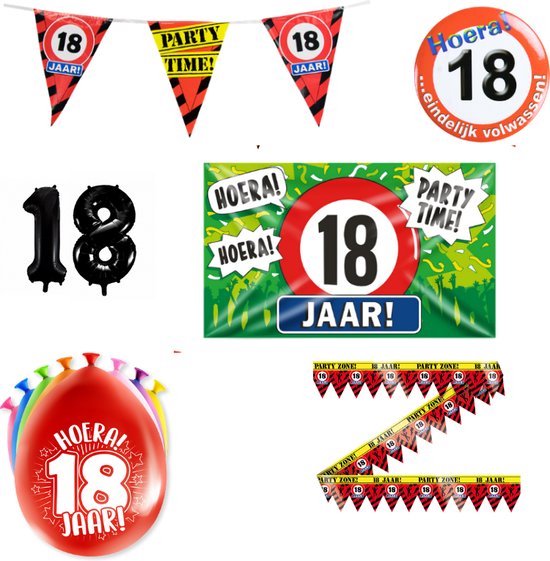 Feestpakket voor 18 jaar met slingers, ballonnen, folieballon '18', button 'Hoera 18 jaar', gevelvlag en afzetlint.