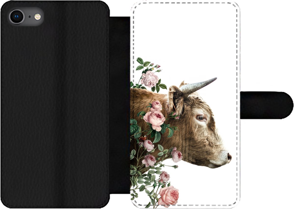 Telefoonhoesje Geschikt voor iPhone 8 telefoonhoesje - Schotse hooglander - Koe - Bloemen - Met vakjes - Wallet case met magneetsluiting