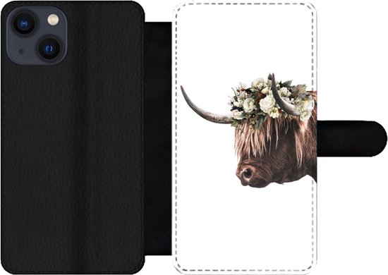 Étui pour téléphone iPhone 13 Bookcase - Highlander écossais - Vache - Roses - Avec compartiments - Étui portefeuille avec fermeture magnétique