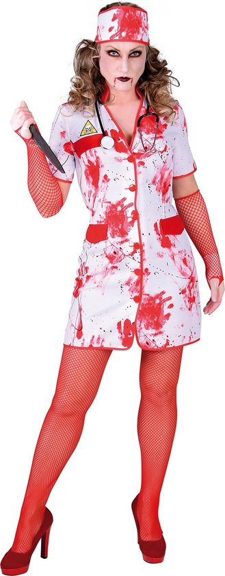 Magic By Freddy's - Verpleegster & Masseuse Kostuum - Verpleegster Vol Bloedspetters - Vrouw - Wit / Beige - Medium - Halloween - Verkleedkleding