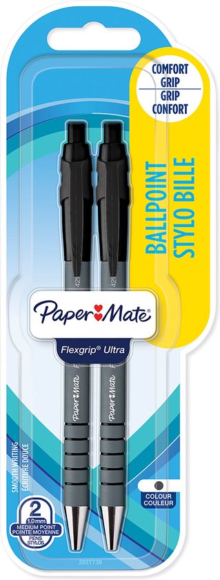 Paper Mate Flexgrip Ultra-balpennen met drukknop | Medium punt (1,0 mm) | Zwart | 2 stuks