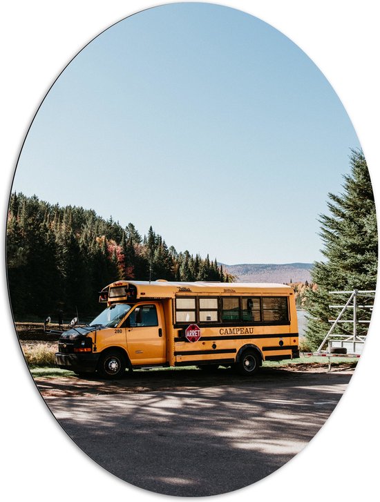 WallClassics - Dibond Ovaal - Schoolbus bij Bomen en Water - 81x108 cm Foto op Ovaal (Met Ophangsysteem)