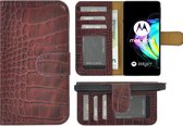 Hoesje Motorola Moto Edge 20 - Bookcase - Portemonnee Hoes Echt leer Wallet case Croco Bordeauxrood
