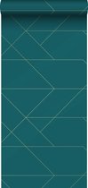 ESTAhome behangpapier grafische lijnen petrolblauw en goud - 139454 - 0,53 x 10,05 m