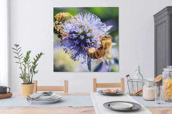 Tableau sur toile Trois abeilles sur chardon balle - 90x90 cm - Décoration murale