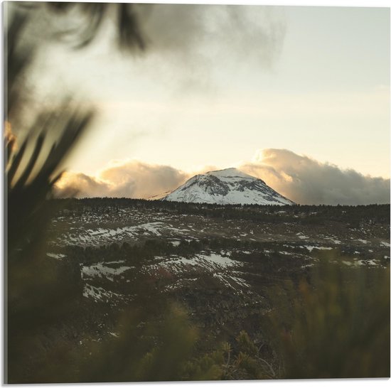 WallClassics - Acrylglas - Witte Sneeuwberg in Landschap met Wolken - 50x50 cm Foto op Acrylglas (Met Ophangsysteem)