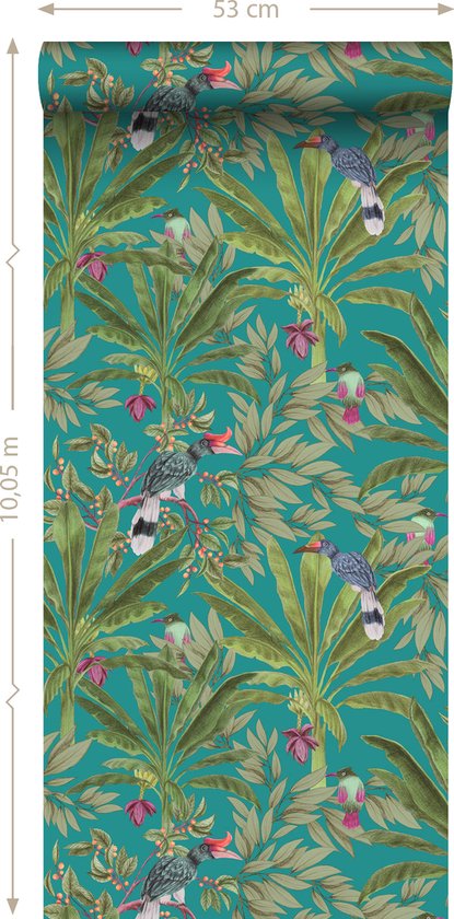 Papier peint ESTAhome feuilles de jungle tropicale et oiseaux de paradis bleu pétrole et vert jungle - 0- 0,53 x 10,05 m