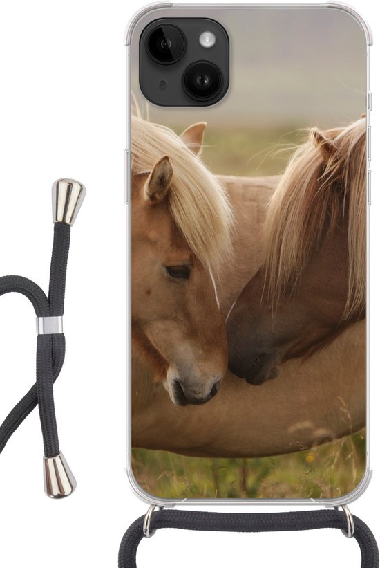 Convient pour Apple iPhone 14 Plus - Étui à bandoulière - Paarden - Herbe - Marron - Siliconen - Bandoulière - Coque arrière avec cordon - Étui pour téléphone avec cordon - Étui avec corde