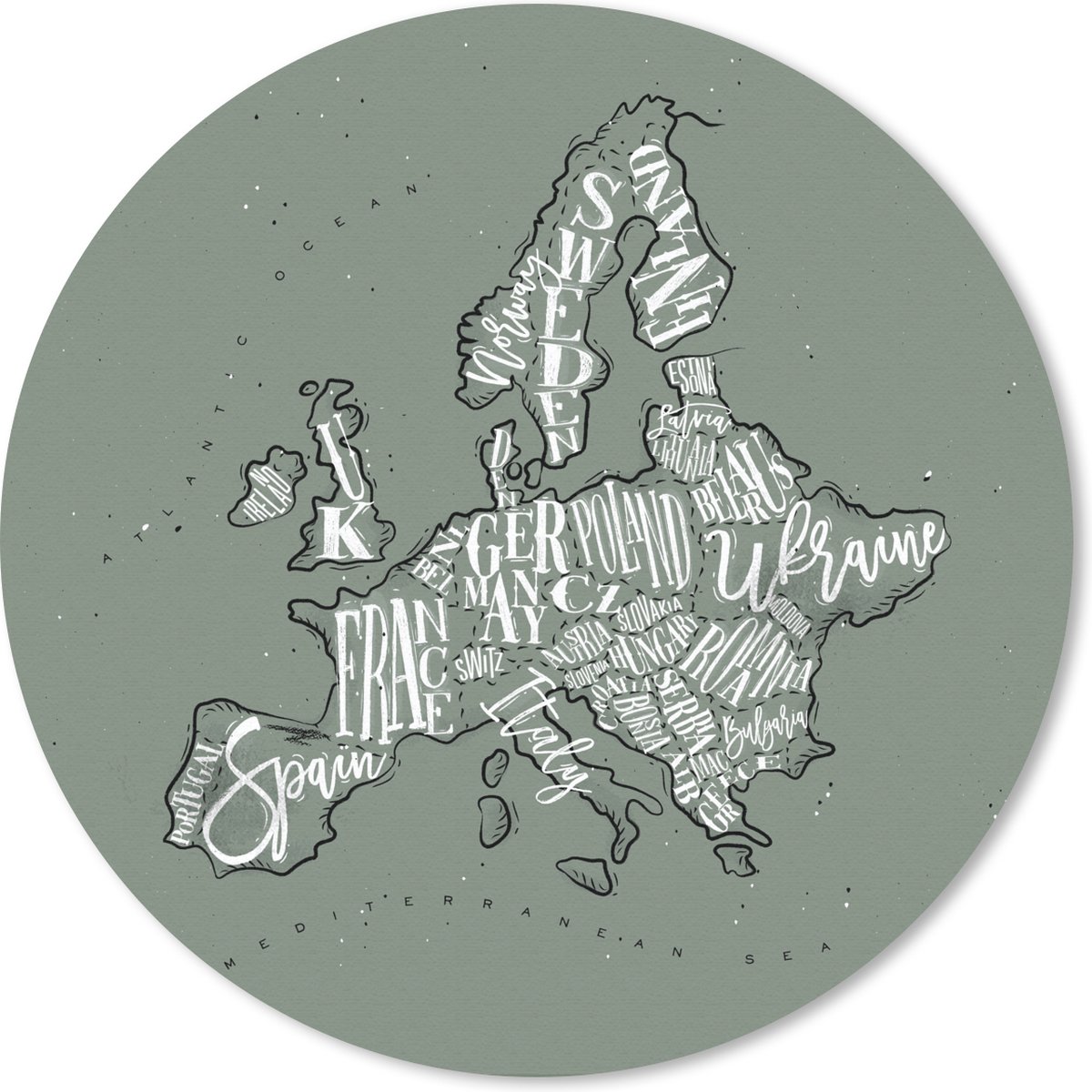 Muismat rond 20x20 cm - Mousepad Kaart - Europa - Grijs - Letters - Ronde muismatten