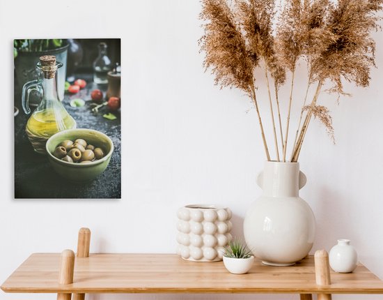 Olives dans un bol et une bouteille en verre à l'huile 20x30 cm - petit - Tirage photo sur toile (Décoration murale salon / chambre)